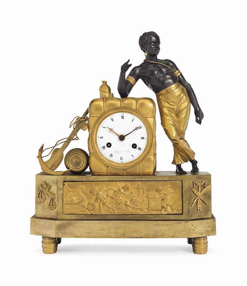 AN EMPIRE ORMOLU AND PATINATED BRONZE STRIKING MANTEL CLOCK by Anonymous