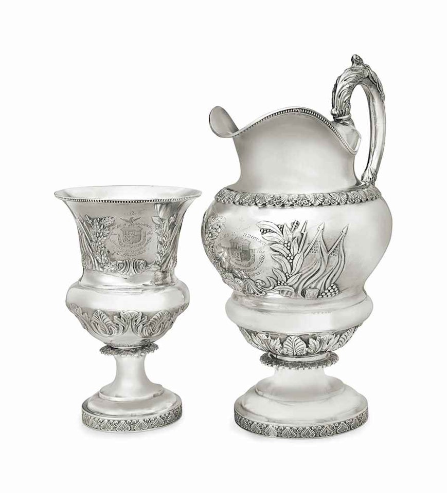 AN AMERICAN COIN SILVER LARGE PRESENTATION PITCHER AND MATCHING LARGE GOBLET by Anonymous