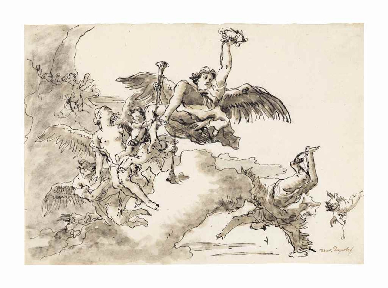 Fame with angels and putti in the sky by Giovanni Domenico Tiepolo