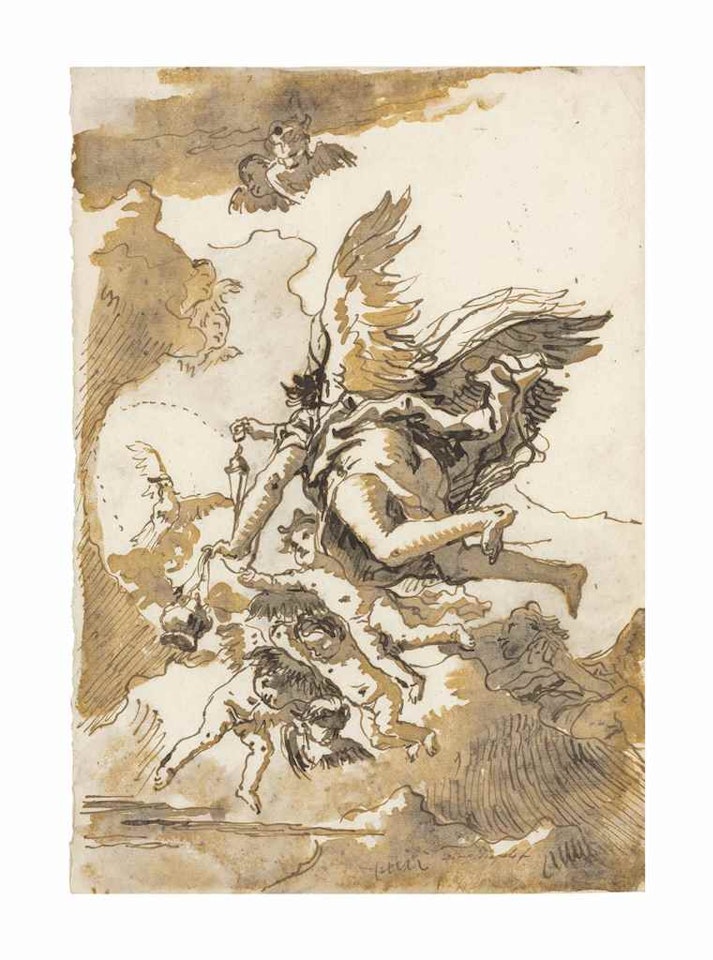 A group of angels in flight, one of them holding a censer by Giovanni Domenico Tiepolo