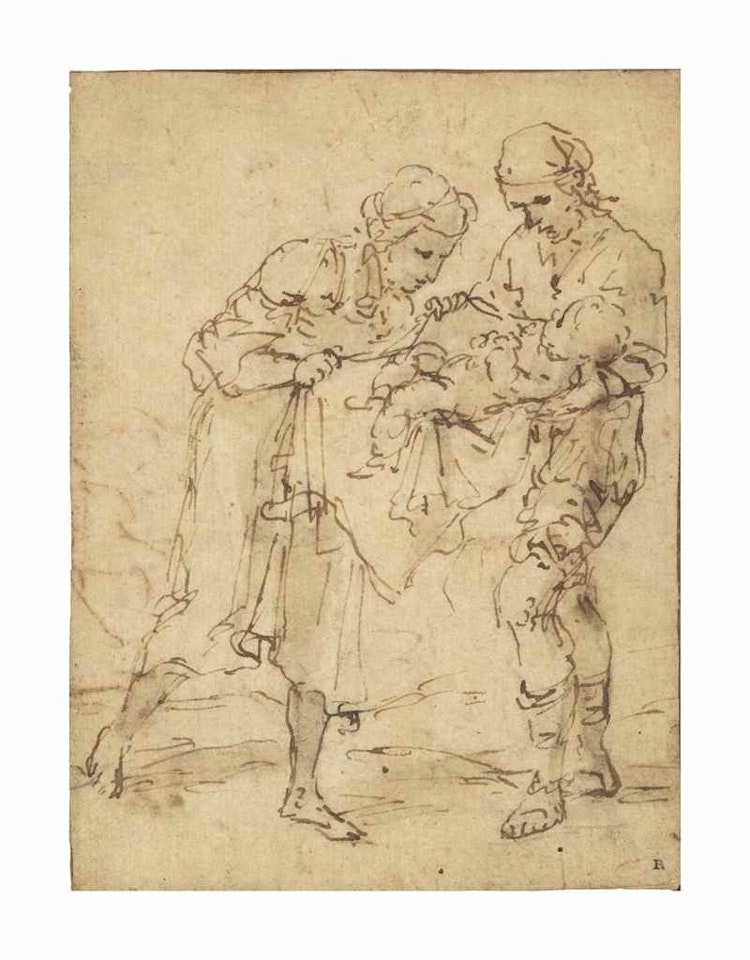 A woman looking at an infant held by a man by Salvator Rosa