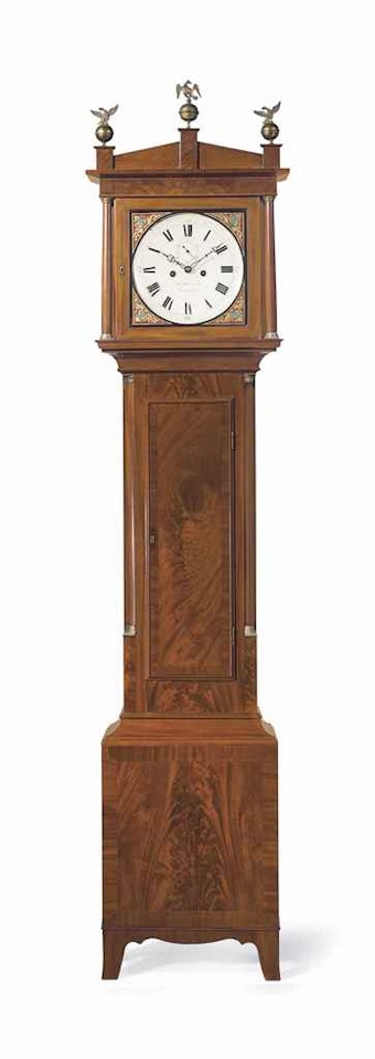 A FEDERAL MAHOGANY AND EGLOMISE DISH DIAL TALL-CASE CLOCK by Anonymous