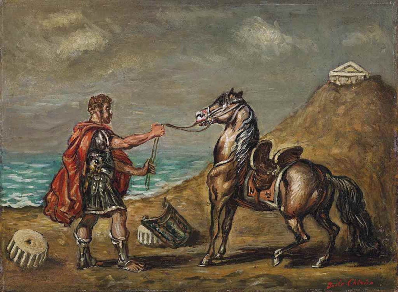 Cavaliere romano che tiene un cavallo alla briglia by Giorgio de Chirico