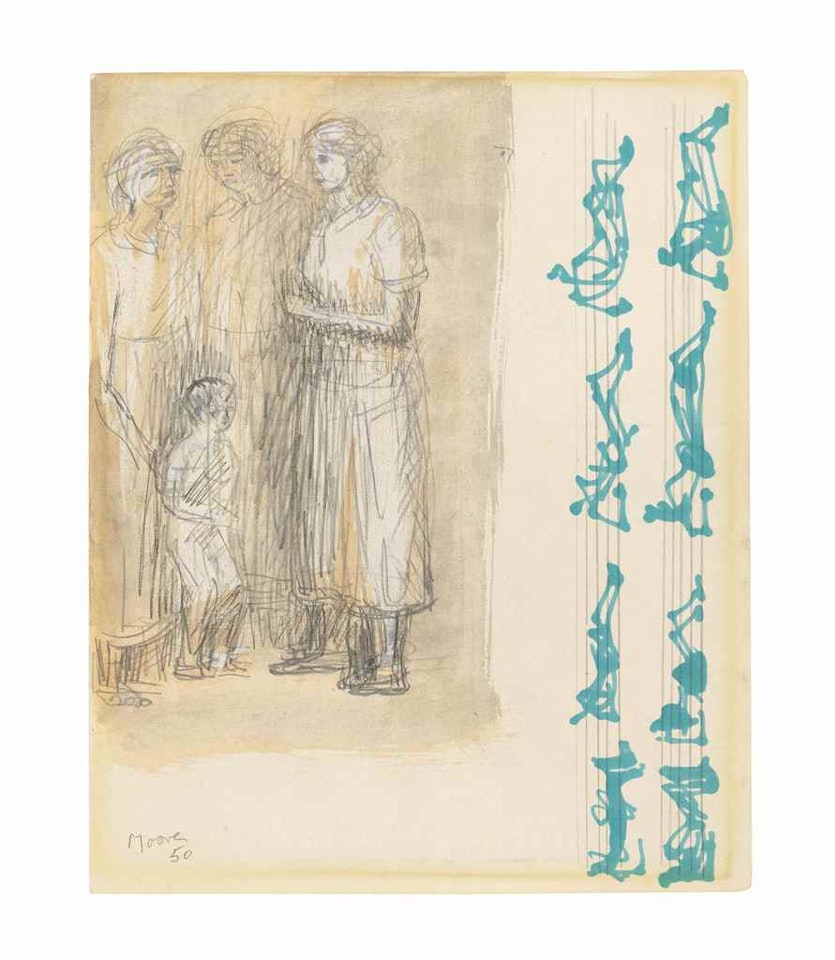 Three women with a child and reclining figures on music lines by Henry Moore