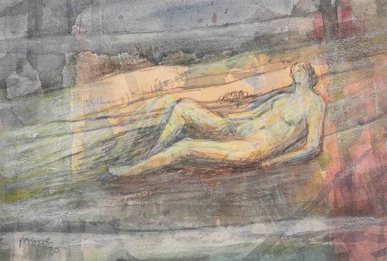 Reclining nude in landscape by Henry Moore