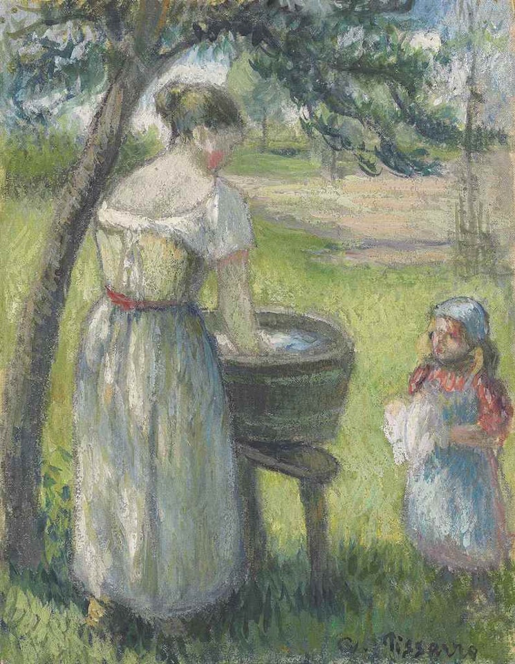 Femme lavant du linge, avec enfant by Camille Pissarro