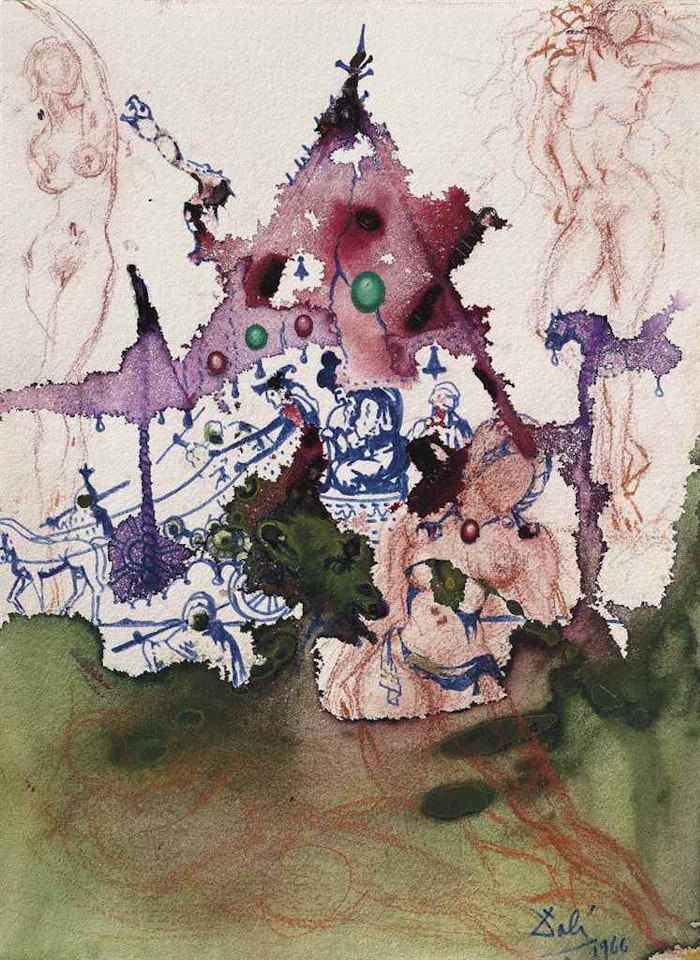 Voiture de magiciens avec baldaquin tirée par des chevaux by Salvador Dali