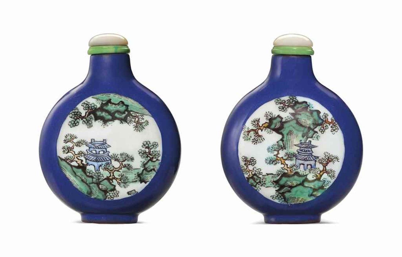 AN ENAMELED BLUE-GROUND YIXING SNUFF BOTTLE by Anonymous