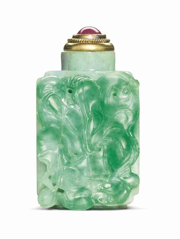 A CARVED JADEITE SNUFF BOTTLE by Anonymous