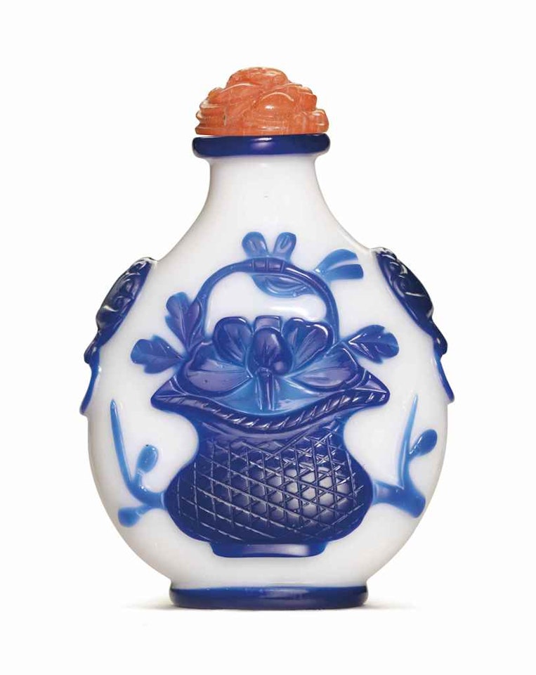 A BLUE-OVERLAY WHITE GLASS SNUFF BOTTLE by Anonymous