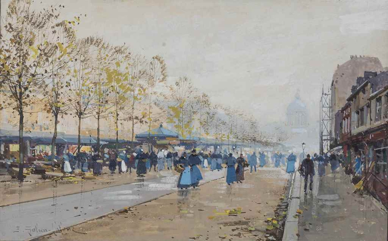 A bustling street before the Pantheon, Paris by Eugene Galien-Laloue
