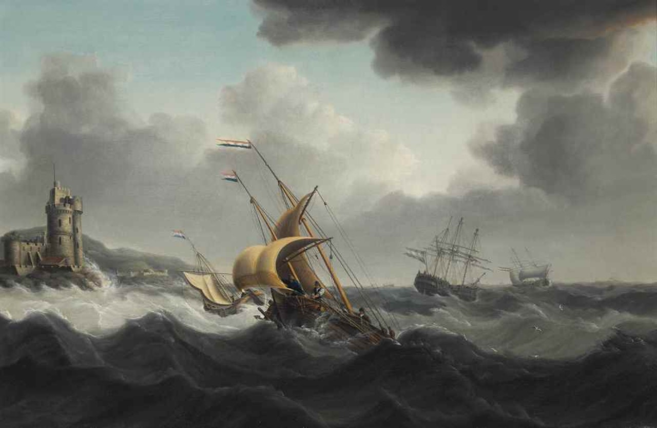 Fishermen putting in a reef in a gale, off a fortified headland by Charles Martin Powell