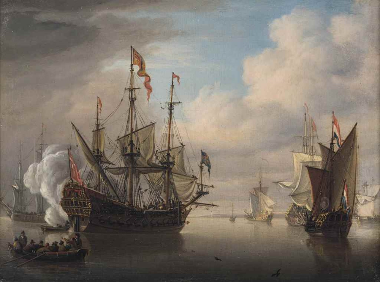 An English two-decker, probably with the King aboard, making ready to depart from her offshore anchorage, and according a Dutch Admiralty yacht the usual salute as she passes by Francis Swaine