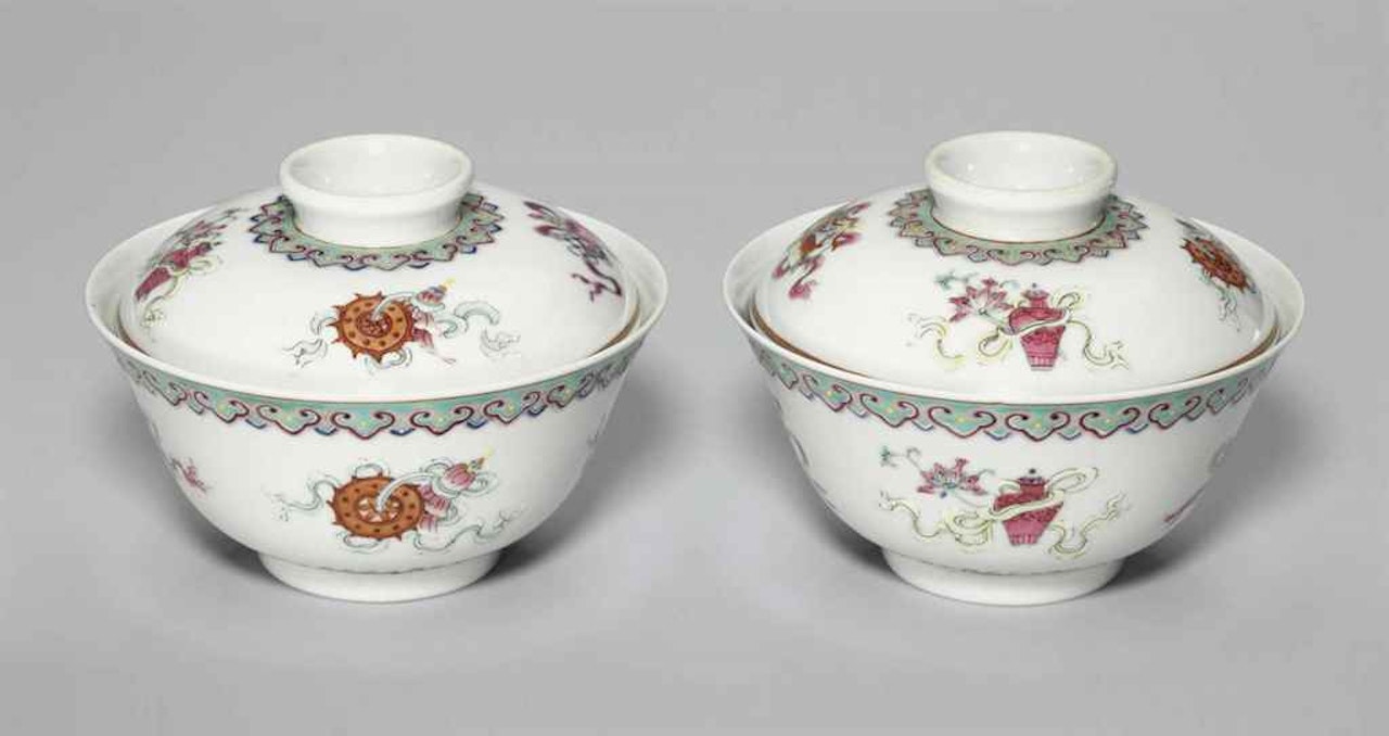 A PAIR OF FAMILLE ROSE 'BAJIXIANG' BOWLS AND COVERS by Anonymous