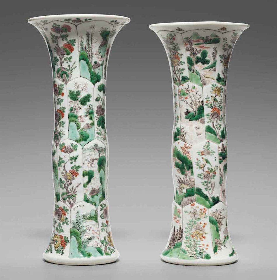 TWO FAMILLE VERTE BEAKER VASES by Anonymous