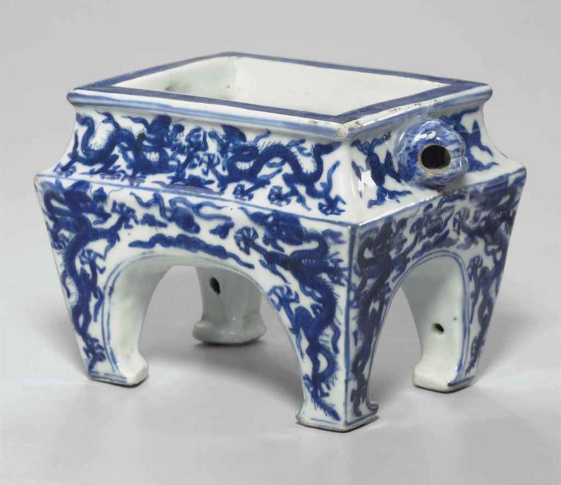 A RARE BLUE AND WHITE RECTANGULAR CENSER by Anonymous