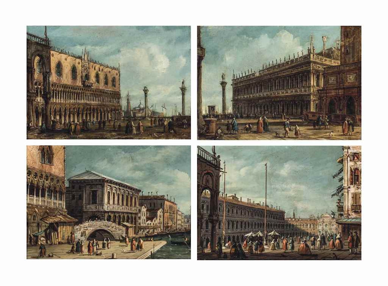 Four views of Venice: The Piazzetta, looking South, with the Palazzo del Doge and San Giorgio Maggiore in the background; The Piazzetta, looking South, with the Biblioteca Marciana; The Riva degli Schiavoni, looking East, with the Ponte dei Sospiri; The Piazza San Marco, looking West towards San Geminiano; by Venetian School