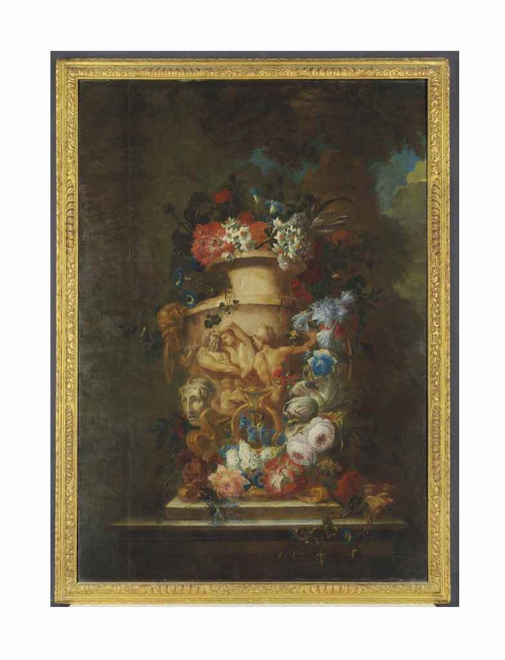 An urn on a ledge with flowers in a garden by Dutch School