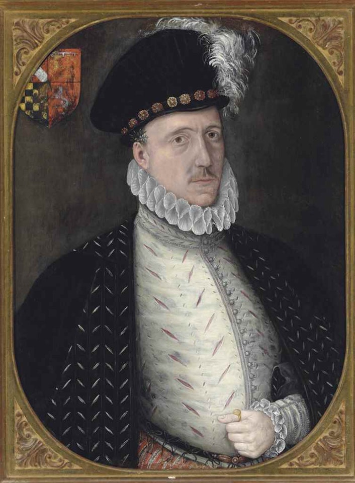 Portrait of Charles Howard, 1st Earl of Nottingham, 2nd Baron Howard of Effingham (1536–1624), half-length, with his coat of arms by English School