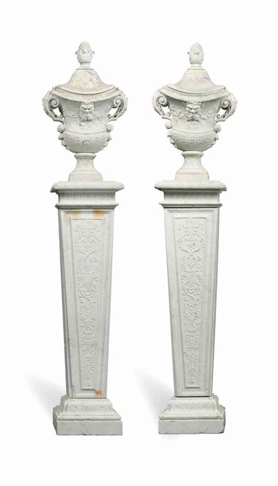 A PAIR OF FRENCH WHITE MARBLE VASES ON PEDESTALS by Anonymous