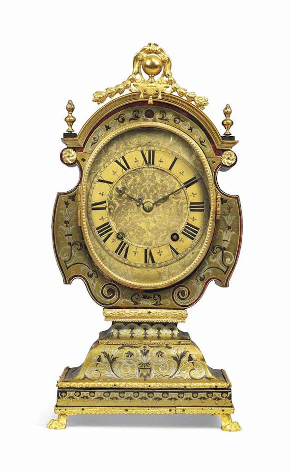 A LOUIS XIV TORTOISESHELL, BRASS AND PEWTER-INLAID STRIKING 'TETE DE POUPEE' CLOCK by Anonymous
