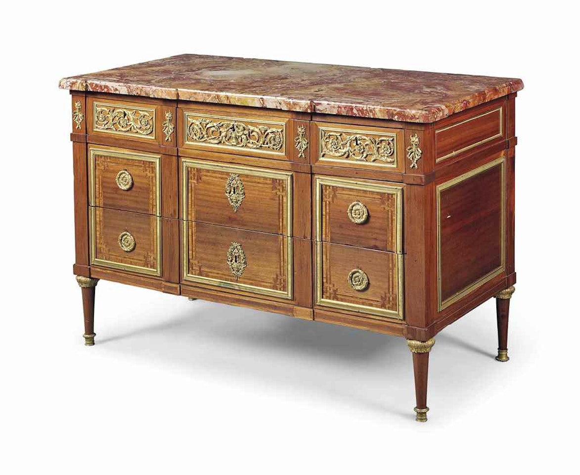 A LOUIS XVI ORMOLU-MOUNTED BOIS SATINE, TULIPWOOD AND PARQUETRY COMMODE by Anonymous