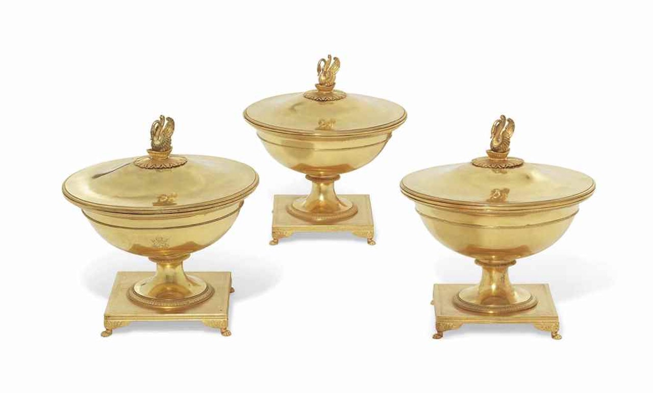 THREE FRENCH EMPIRE SILVER-GILT VEGETABLE TUREENS, COVERS AND LINERS by Anonymous