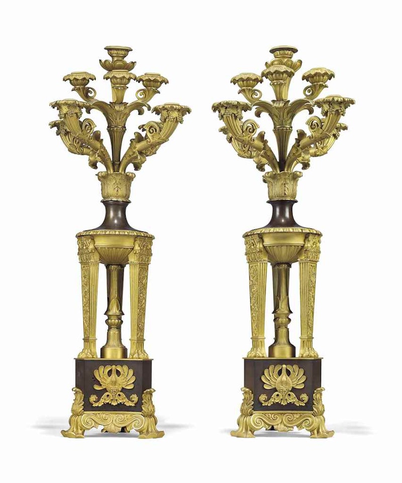 A PAIR OF LOUIS PHILIPPE ORMOLU AND PATINATED-BRONZE EIGHT-LIGHT CANDELABRA by Anonymous