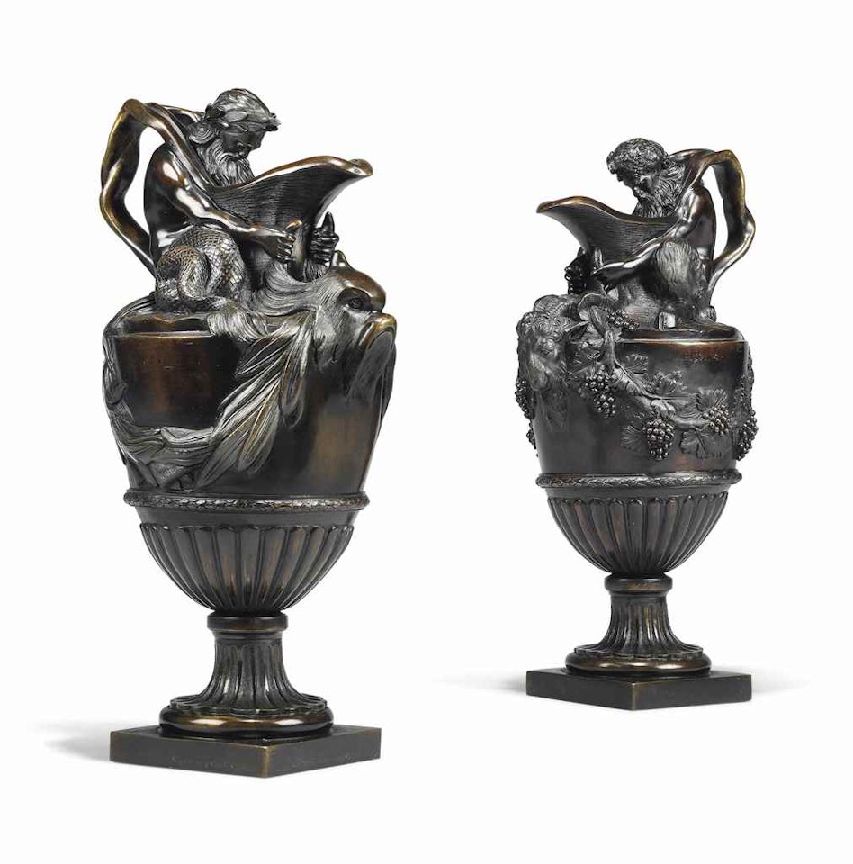 A PAIR OF FRENCH PATINATED-BRONZE EWERS by Anonymous