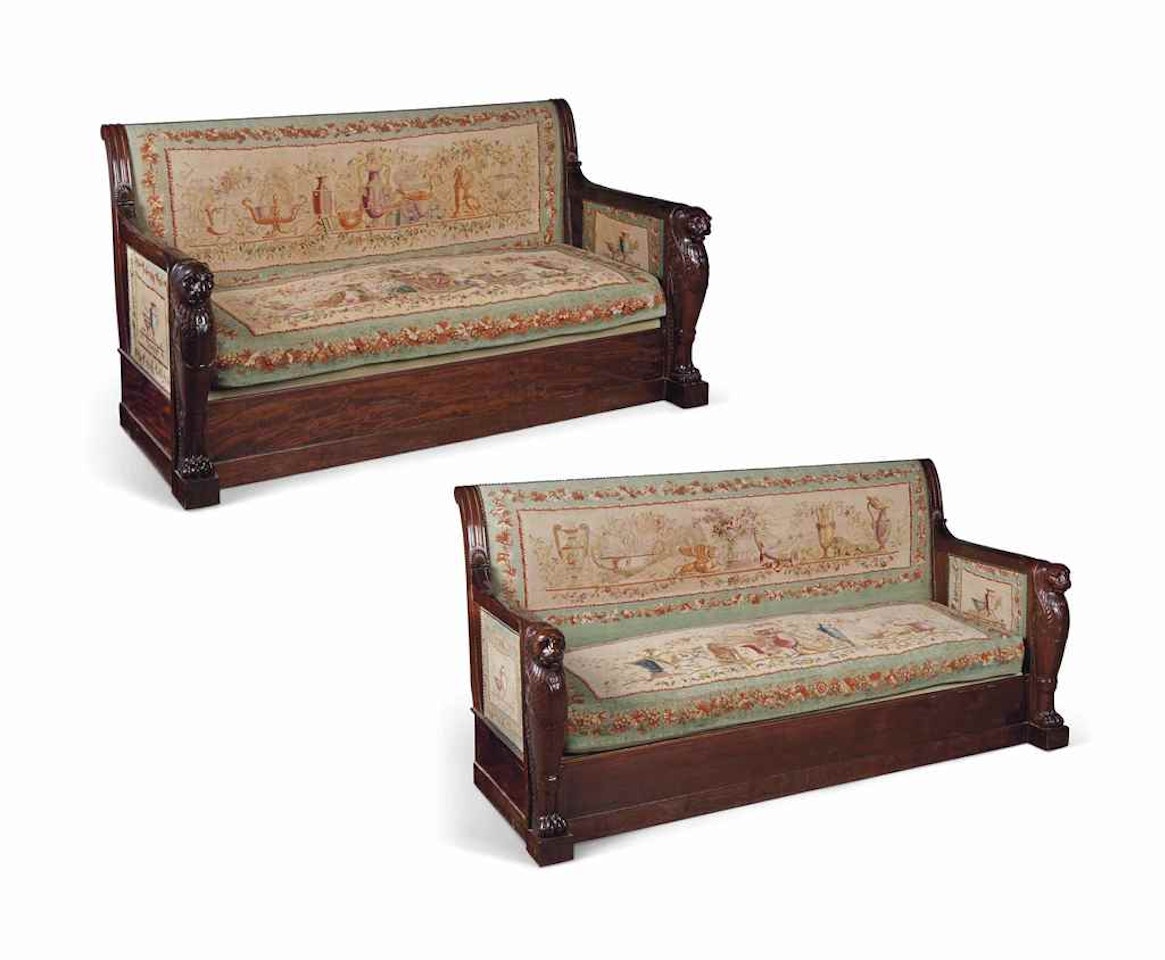 A NEAR PAIR OF EMPIRE MAHOGANY AND AUBUSSON TAPESTRY CANAPES by Anonymous