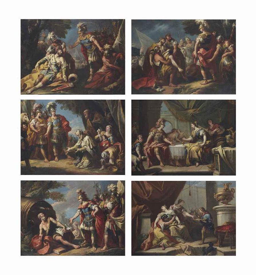 Alexander and Diogenes; Alexander and the family of Darius; Alexander before the body of Darius; The Death of Darius; The Death of Sophonisba; and The Banquet of Antony and Cleopatra by Gaspare Diziani
