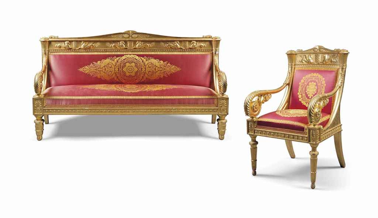 A SET OF FOUR ITALIAN GILTWOOD OPEN ARMCHAIRS AND A SOFA BY HENRY THOMAS PETERS by Anonymous