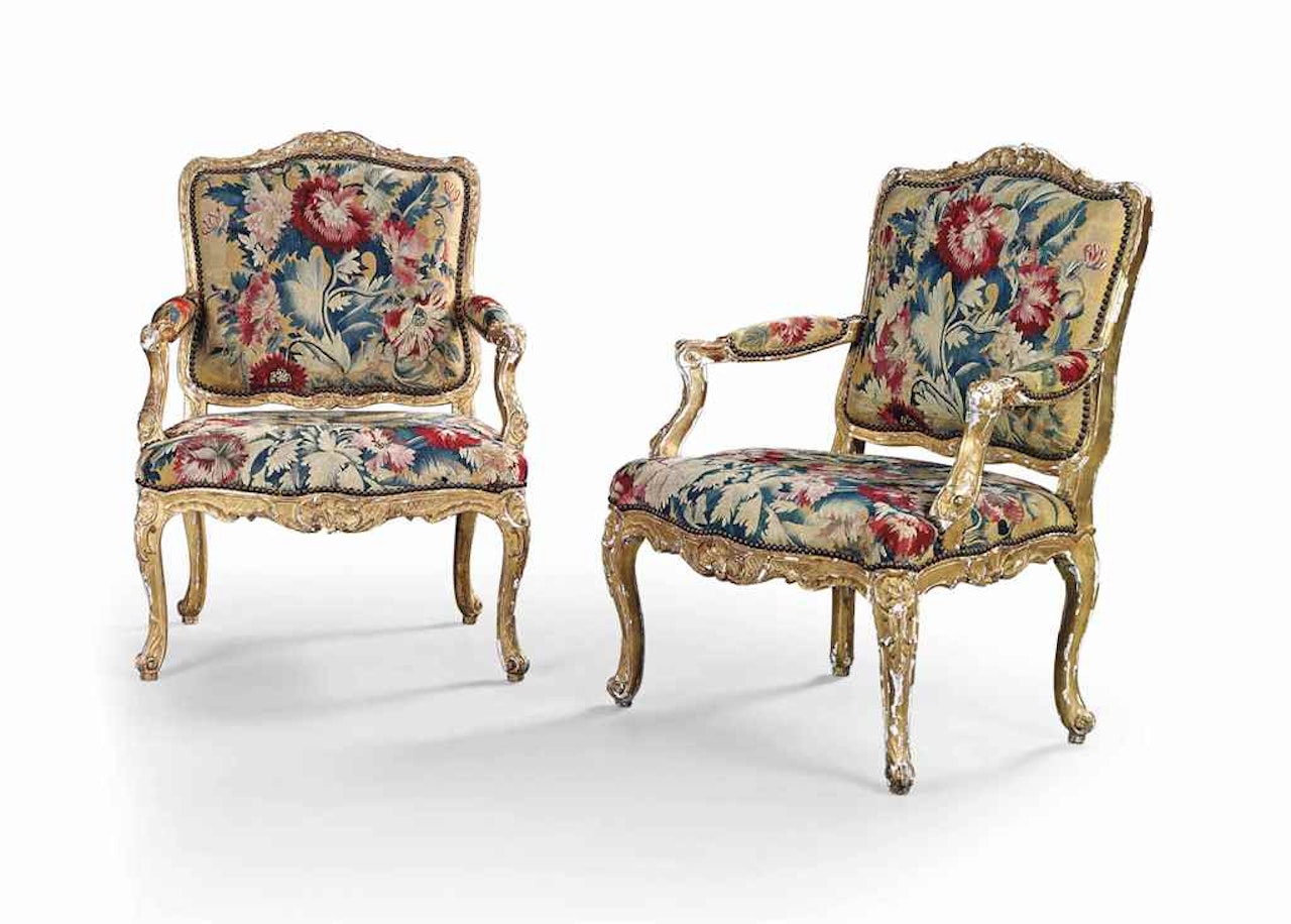 A PAIR OF LOUIS XV GILTWOOD FAUTEUILS A LA REINE by Anonymous