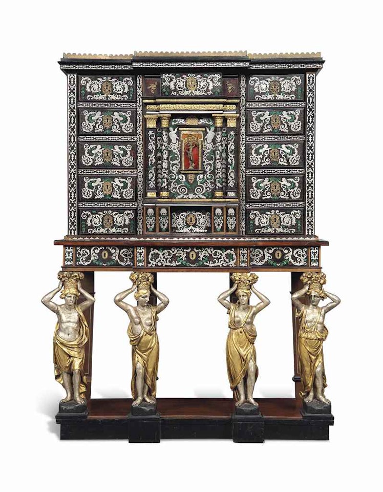 A LOUIS XIV GILT-METAL-MOUNTED, PEWTER, TORTOISESHELL AND STAINED HORN-INLAID EBONY, MARQUETRY AND PARCEL-GILT AND SILVERED CABINET-ON-STAND by Anonymous