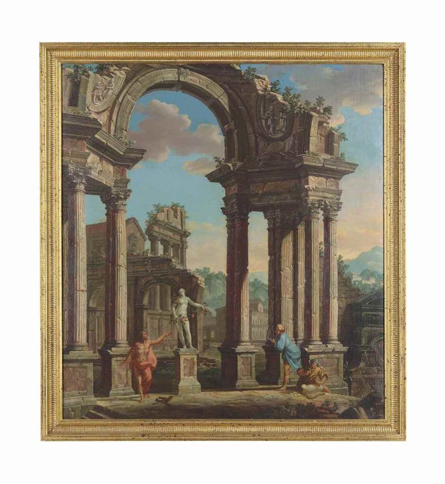 A capriccio with classical ruins and figures sculpting a statue of Venus by Roman School