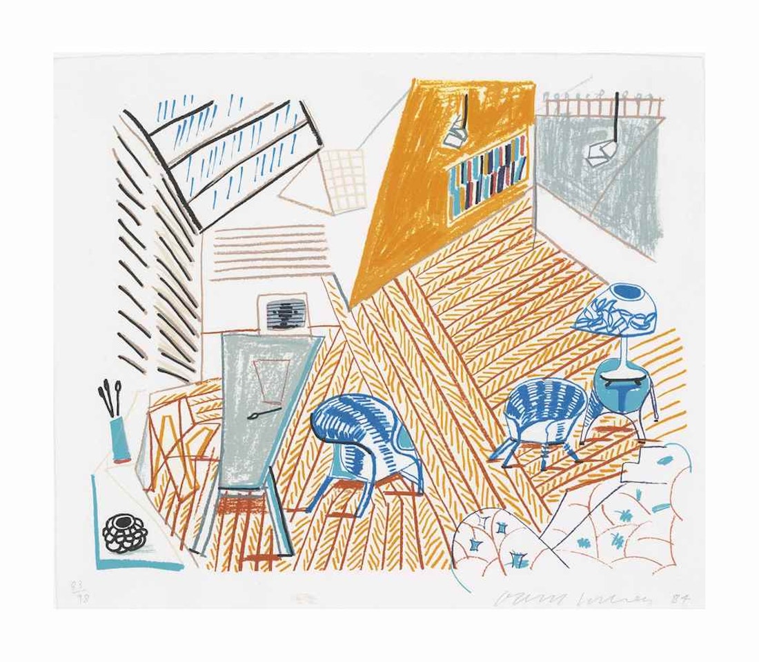 Pembroke Studio with Blue Chairs and Lamp, from: Moving Focus by David Hockney