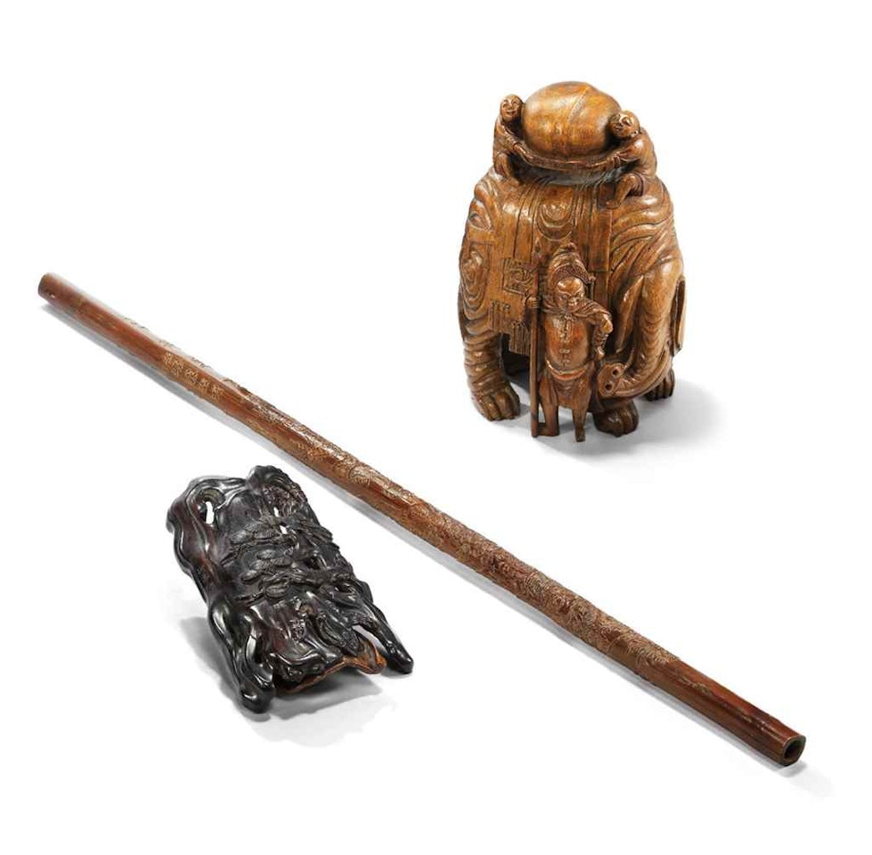 A GROUP OF FOUR BAMBOO AND WOOD CARVINGS by Anonymous