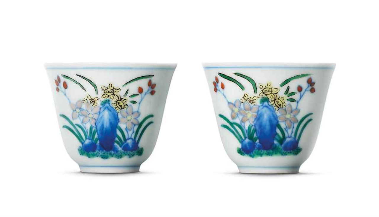 A FINE PAIR OF DOUCAI WINE CUPS by Anonymous