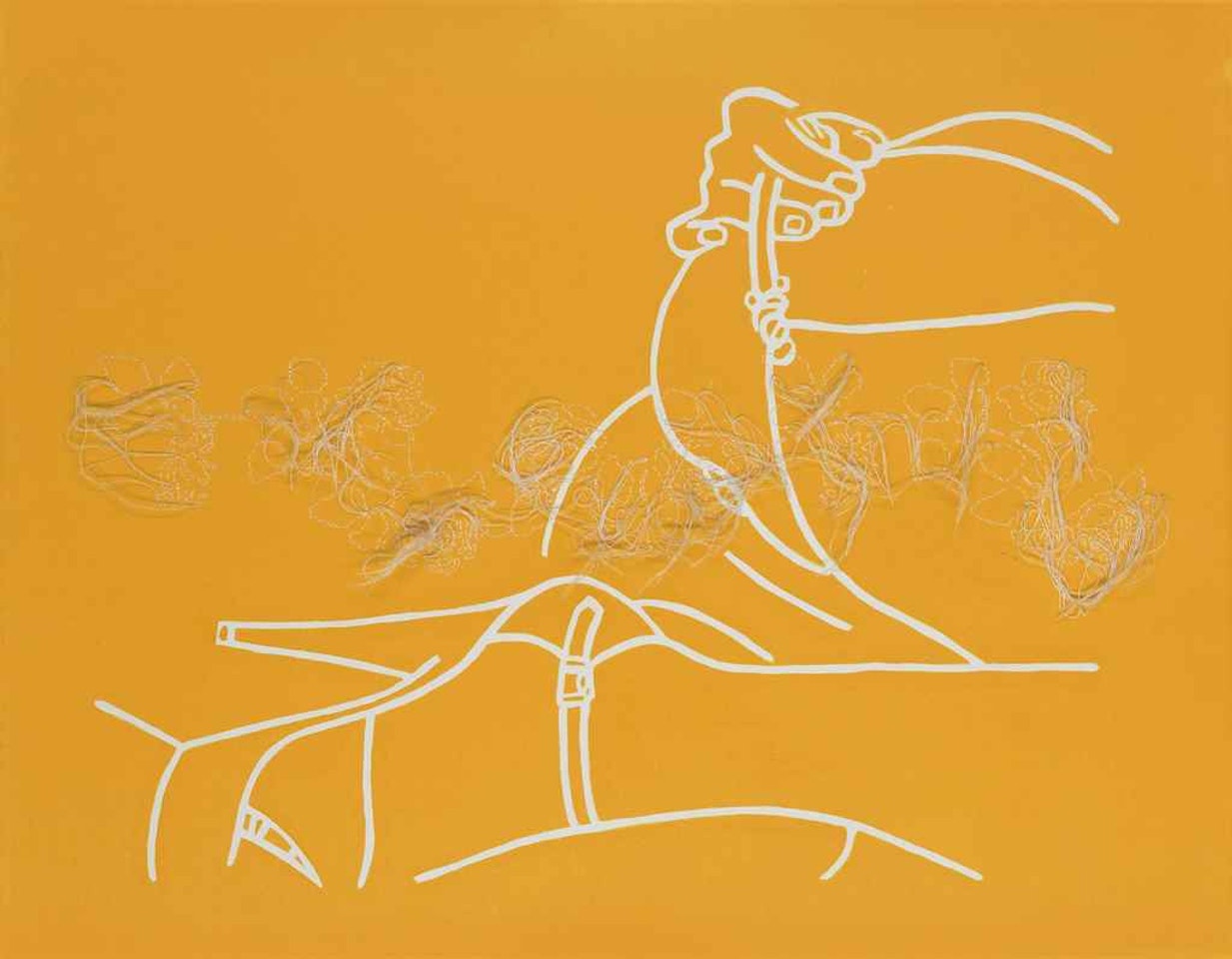 Untitled (femme allongée jaune/ fleurs blanches) by Ghada Amer