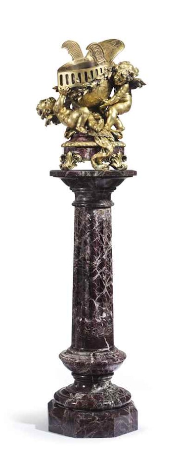 A FRENCH ORMOLU AND ROUGE MARBLE FIGURAL JARDINIERE, ON MARBLE PEDESTAL by Anonymous