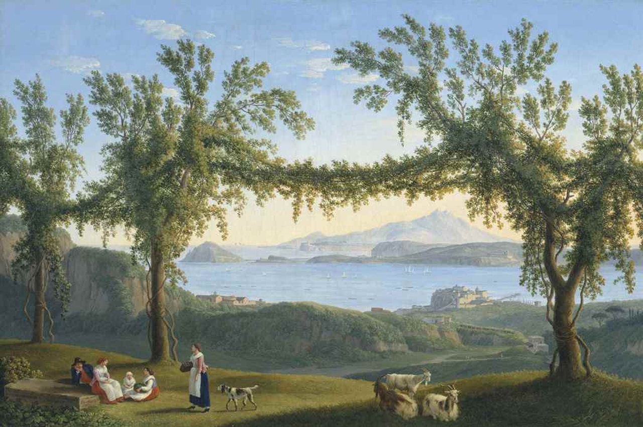 Peasants resting beneath vines in the hills above Solfatara, with a view of Ischia, Procida and the Bay of Pozzuoli beyond by Jacob Philipp Hackert