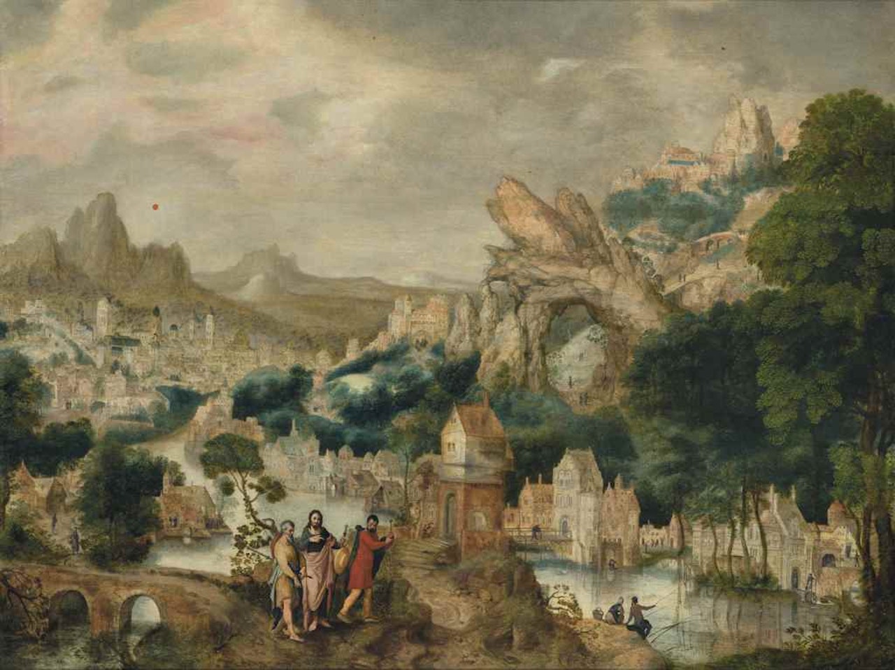 A mountainous river landscape with Christ on the Road to Emmaus by Herri met de Bles