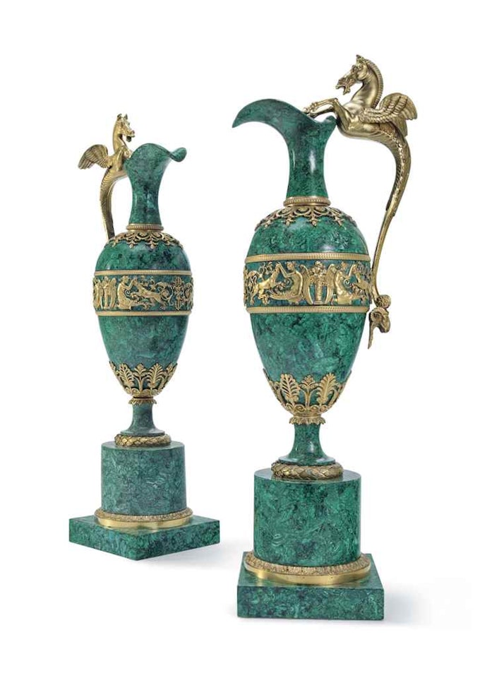 A PAIR OF EMPIRE ORMOLU-MOUNTED MALACHITE EWERS by Anonymous