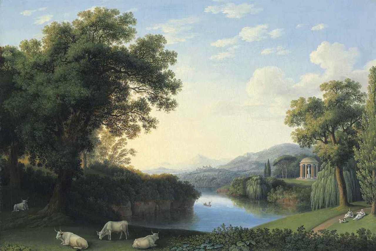 A capriccio river landscape of the Giardino Inglese at Caserta, with cattle and reclining figures by Jacob Philipp Hackert