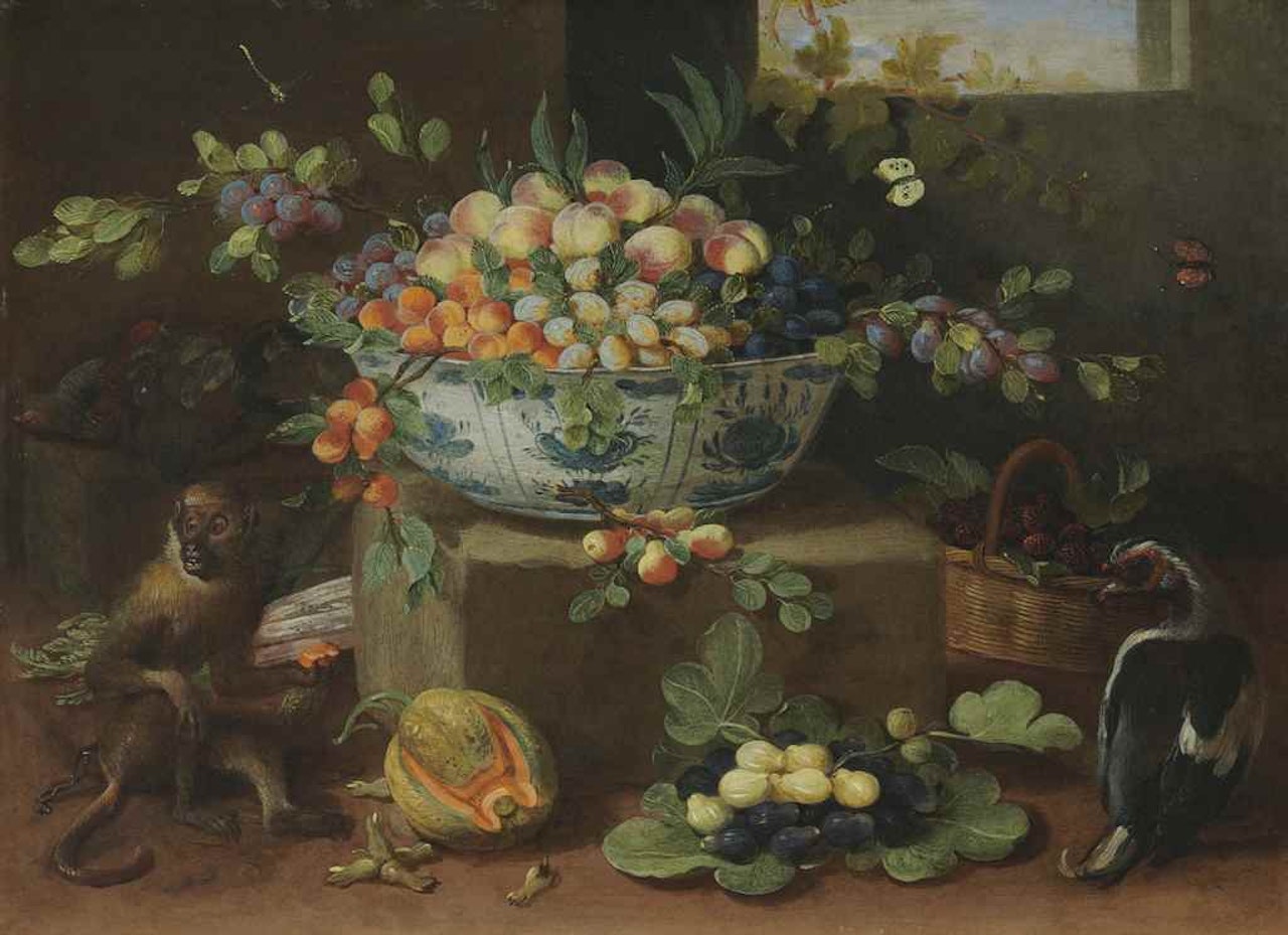 Peaches, plums and other fruit in a Wan-li porcelain bowl, with a monkey and a bird on a wooden table by Jan Van Kessel The Elder