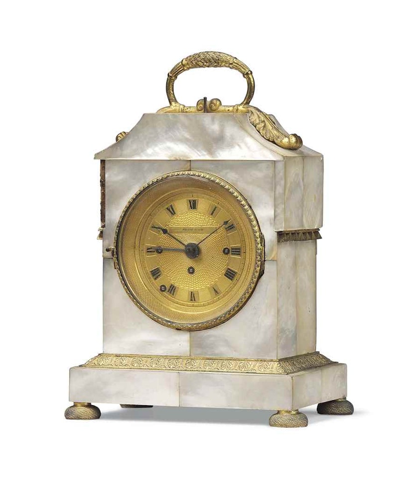 AN AUSTRIAN ORMOLU-MOUNTED AND MOTHER-OF-PEARL GRANDE SONNERIE MANTEL CLOCK WITH ALARM AND PUSH REPEAT by Anonymous