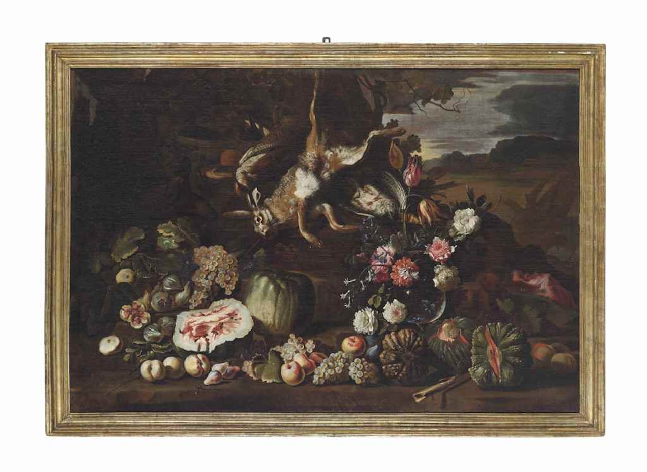 A vase of flowers with fruit and game in a landscape by Roman School