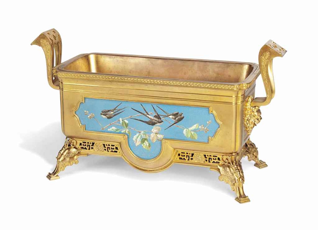 A FRENCH 'JAPONISME' ORMOLU AND CERAMIC JARDINIERE by Anonymous