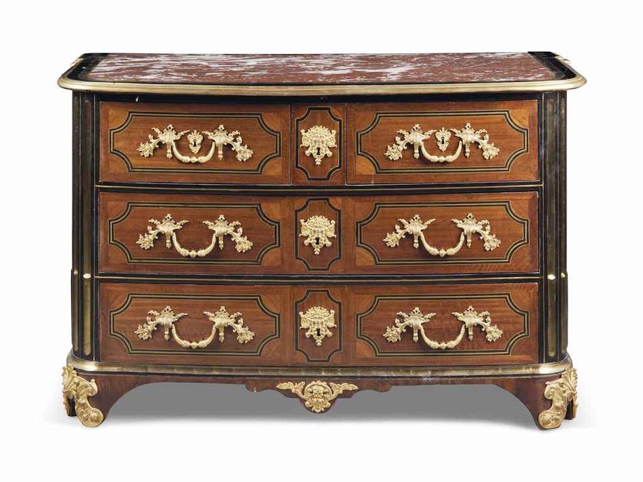 A REGENCE ORMOLU-MOUNTED, BRASS-INLAID, AMARANTH AND EBONY COMMODE by Anonymous