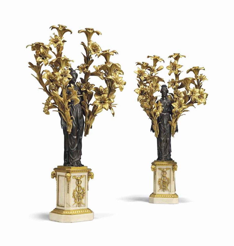 A PAIR OF RESTAURATION ORMOLU, PATINATED-BRONZE AND WHITE MARBLE SIX-LIGHT CANDELABRA by Anonymous